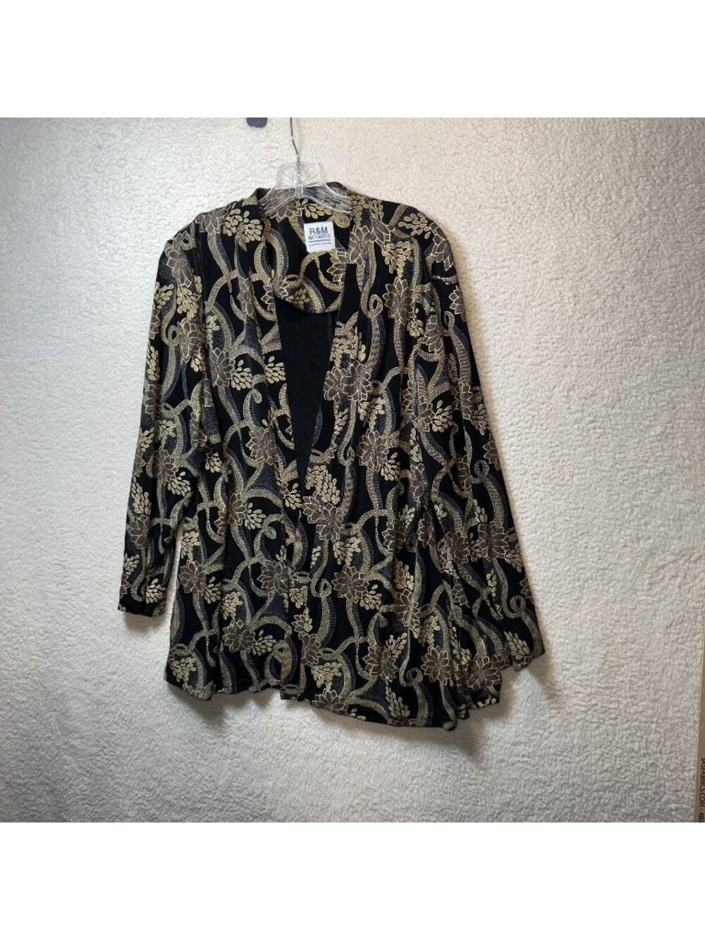R&M Richards Black Gold Floral Open Front Cardigan Large Lightweight Stretch
